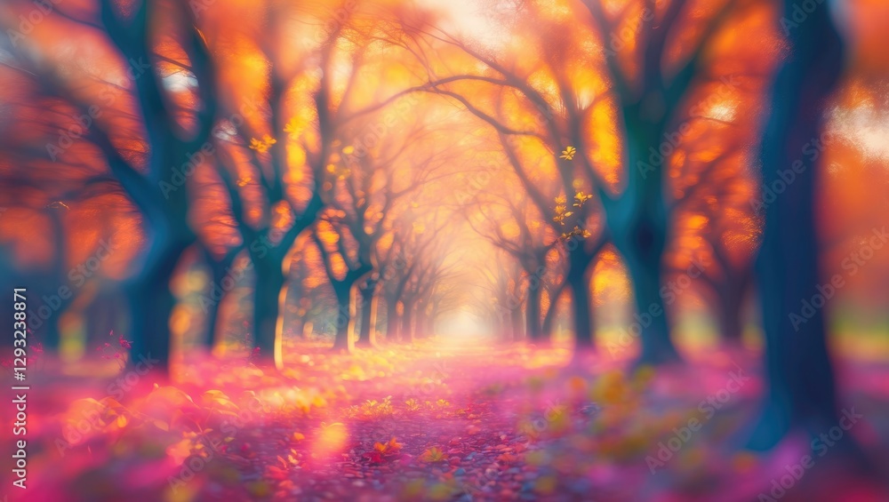 Poster autumn forest pathway with blurred trees and soft warm light creating a dreamy, serene atmosphere fo