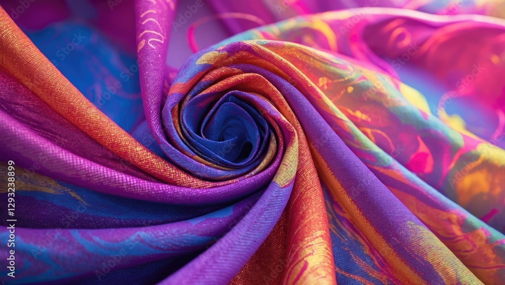 Poster vibrant colorful fabric with intricate patterns elegantly rolled showcasing rich textures and hues f