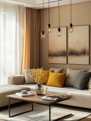 Modern living room displays furniture in a furnished house