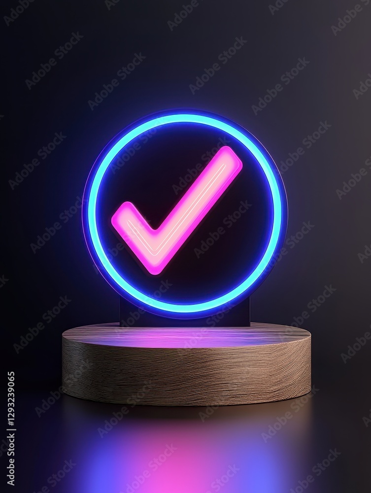 Poster illuminated neon check mark symbol on a modern display stand in dark environment.