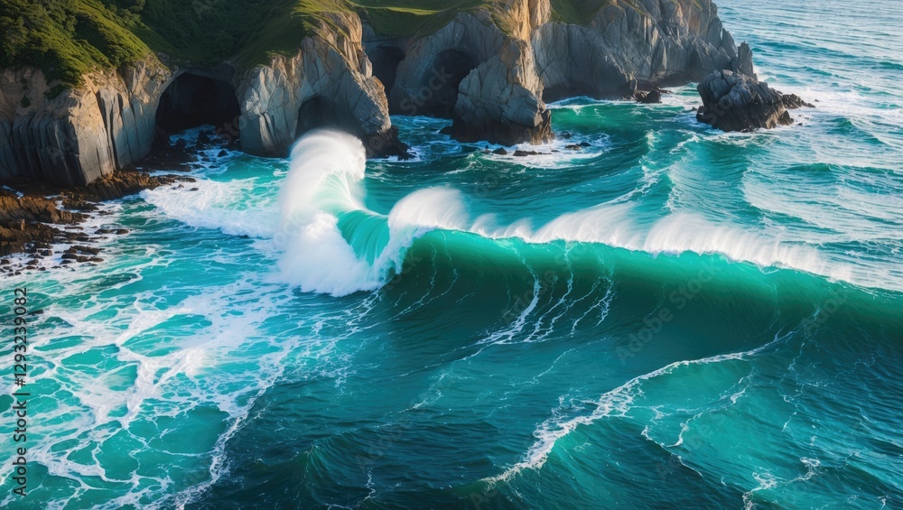 Poster aerial view of turquoise waves crashing on dramatic rocky coastline with lush green cliffs in the ba