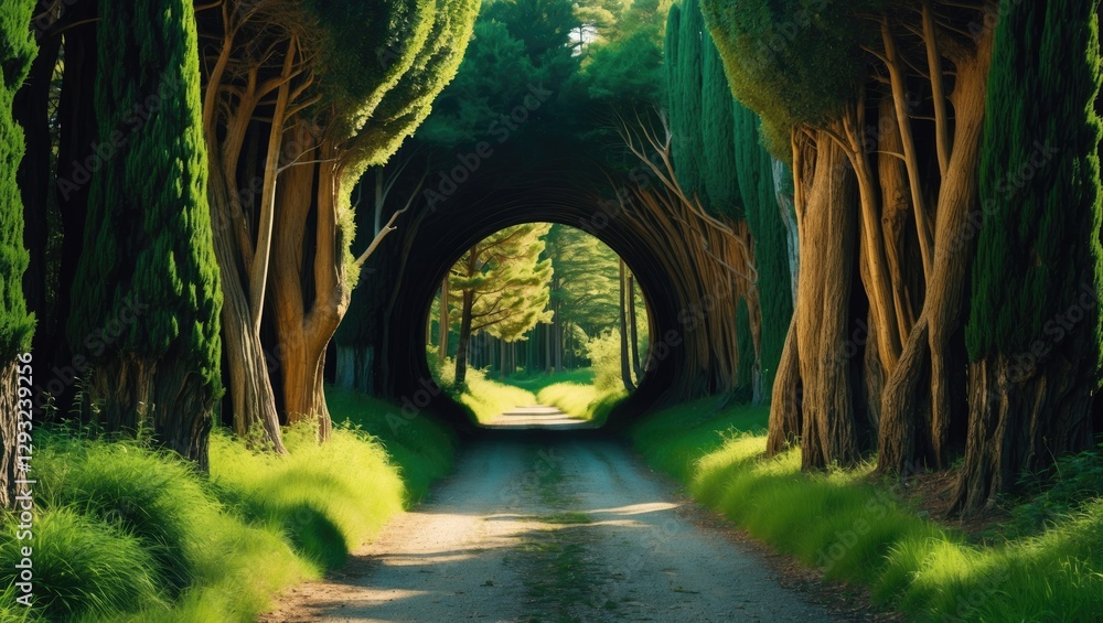 Poster lush cypress tree tunnel pathway in nature with serene atmosphere and blank space for text overlay