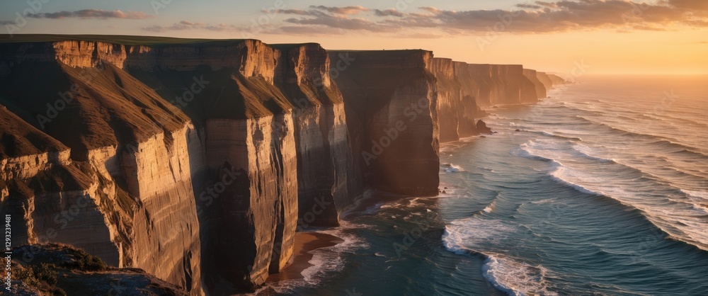Poster sunrise over majestic cliffs reflecting on ocean waves with clear space for text addition