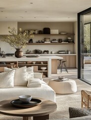 Cozy minimalist interior depicts a modern living room with a light color scheme