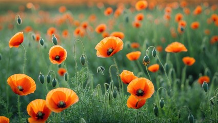 Obraz premium Vibrant Summer Meadow Filled with Lush Orange Poppies Under Soft Natural Light