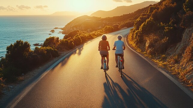 Senior Couple Biking. Sea Road at Sunset. Travel Holiday. Active Retired People Outdoors. Healthy Lifestyle. Mountain Scenery. Coastal Route.