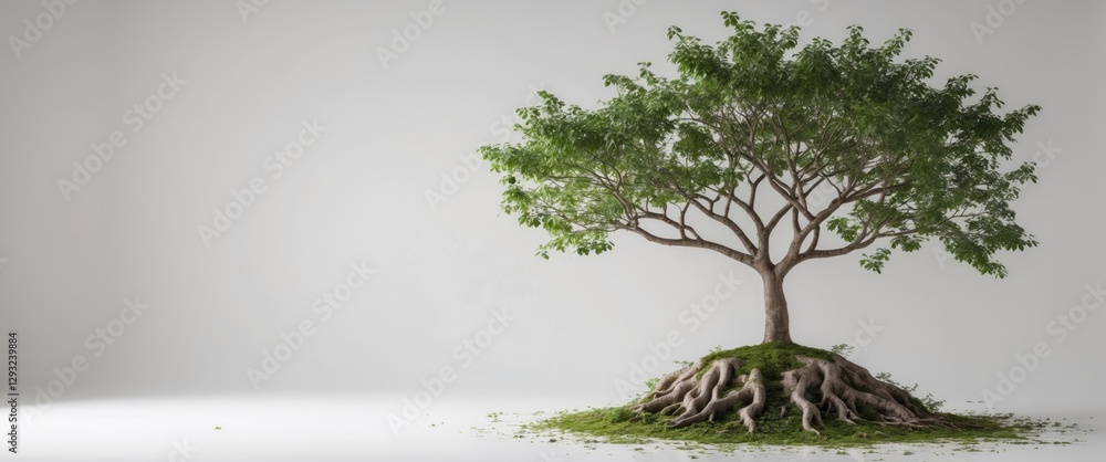 Poster lush green tree with exposed roots on isolated white background ready for text overlay or design int