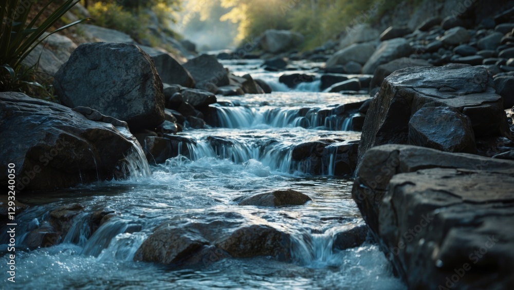 Poster serene water stream flowing over rocks in a tranquil natural setting illuminated by soft sunlight fi