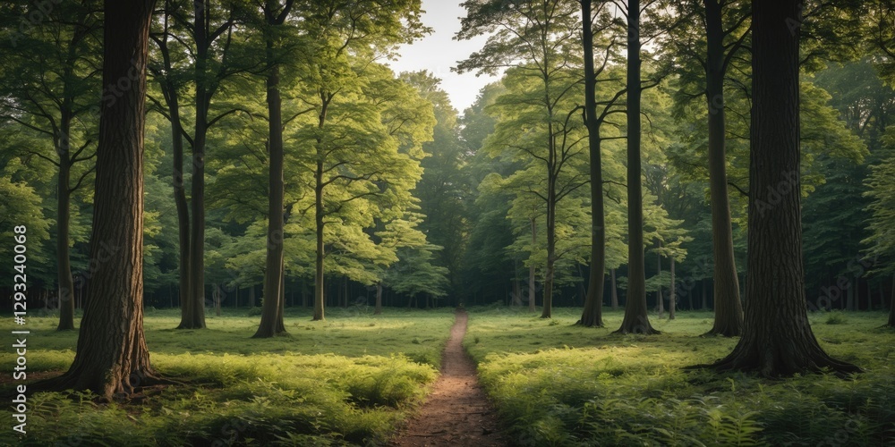 Poster lush forest pathway surrounded by tall trees with ample space for text overlay
