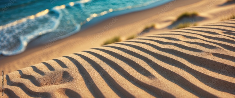 Aufkleber top view of textured beach sand with intricate patterns and ocean waves in summer sunlight creating 