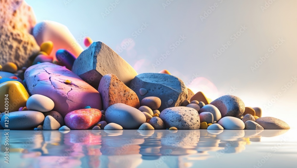 Poster a vibrant collection of colorful stones reflecting in serene water against a soft gradient backgroun