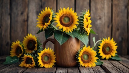 Obraz premium Sunflowers arranged in a wooden mug on a rustic wooden background showcasing vibrant colors and natural beauty.