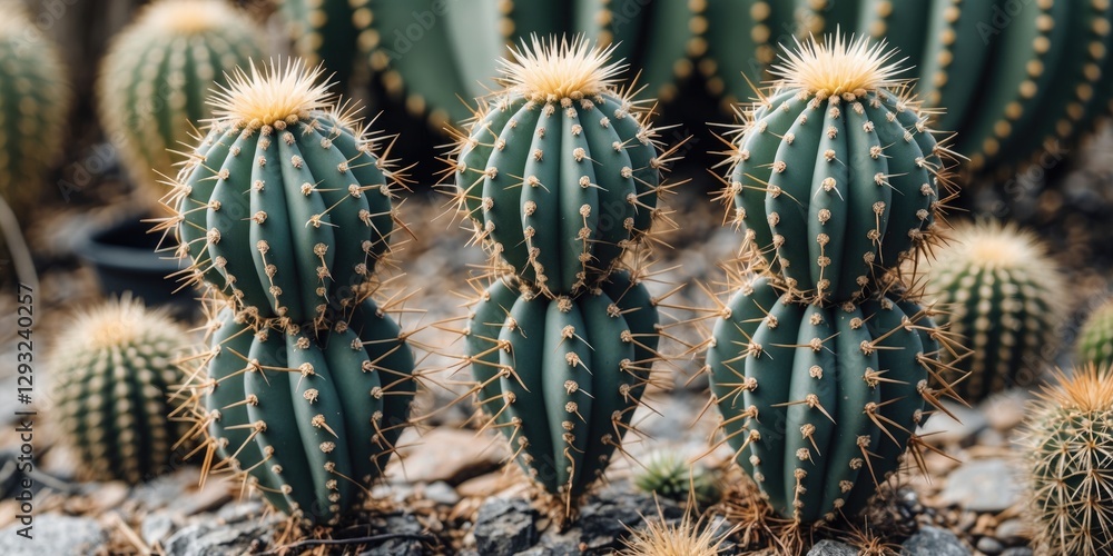Poster three tall cacti with thorns surrounded by rocks featuring space for text in nature inspired setting