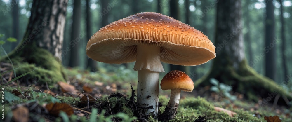 Poster mushroom growth in lush forest setting with copy space for text and background of trees and mossy gr