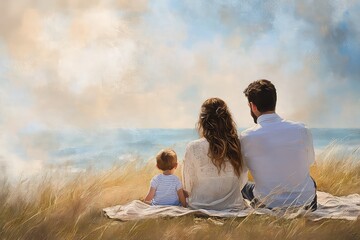 Fototapeta premium A peaceful moment of a young couple sitting on a blanket with their child between them, gazing at the ocean horizon.