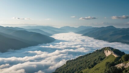 Obraz premium Serene Morning Landscape with Sea of Clouds Over Mountain Ridges and Lush Green Hills Ideal for Text Overlay and Nature Inspired Themes