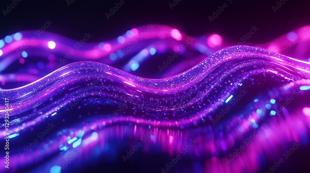 Poster vibrant flowing lines of light in purple and blue creating abstract wave patterns of glow and reflec