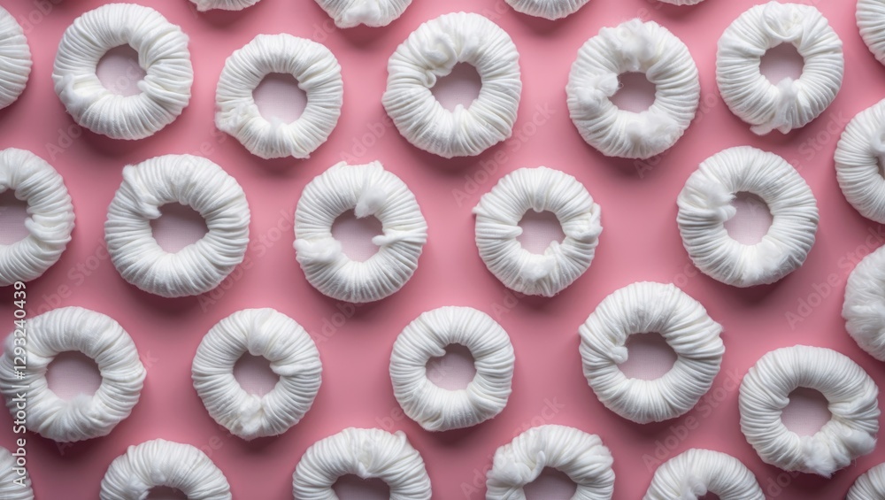 Poster White cotton disks arranged in a pattern on a soft pink background creating a visually appealing and minimalistic design.