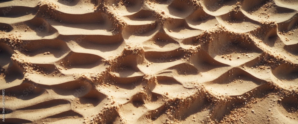 Poster top view of textured beach sand creating unique patterns in a sunlit summer environment, showcasing 