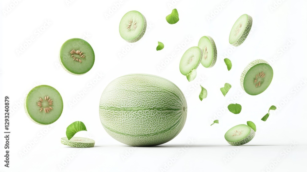Poster fresh melon with slices and leaves floating in air on white background