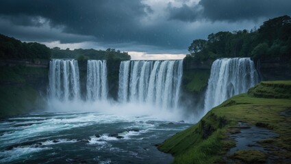 Fototapeta premium Majestic Waterfall Cascading Under Dark Stormy Skies with Lush Greenery Surrounding the Powerful Rapids