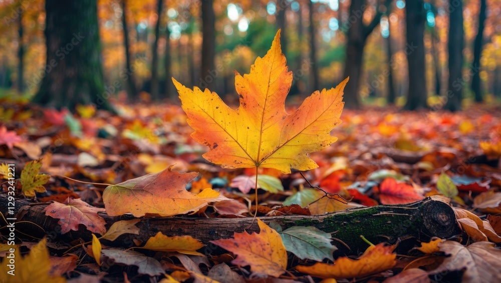Poster autumn leaves collection showcasing vibrant colors from various trees in a serene forest setting wit