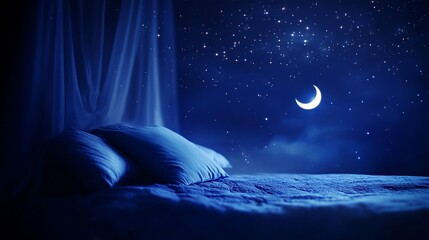 Naklejka premium Peaceful bed silhouette under a dreamy night sky, evoking calm and restful serenity