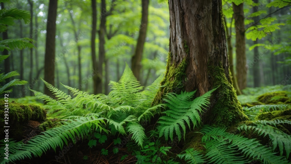 Poster lush green ferns growing at the base of a moss-covered tree in a tranquil forest setting. ideal for 