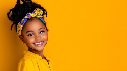 A smiling girl with curly hair tied in a colorful headband, wearing a yellow outfit against a bright yellow background. Concept Cheerful Portrait, Curly Hair Style, Bright Yellow Theme