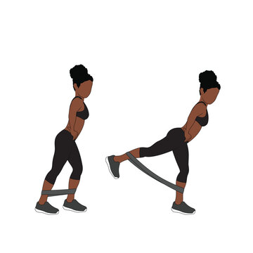 A Black African woman in black clothing doing kickbacks with resistance band exercise. Flat vector illustration isolated on white background. 