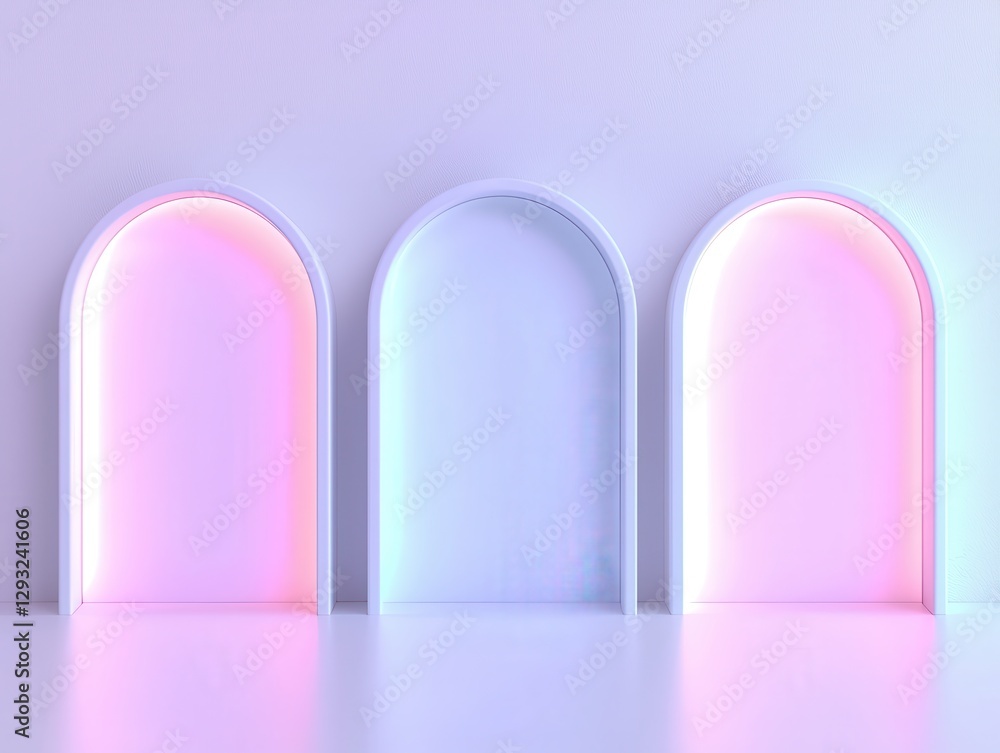 Poster modern archways with soft pastel lighting creating a serene atmosphere in a minimal space.