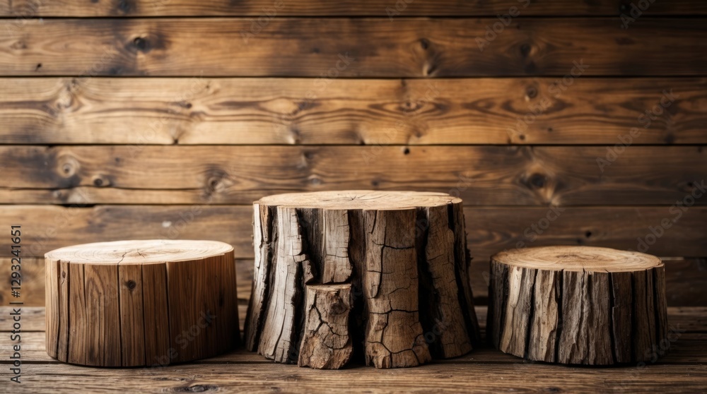 Poster wooden tree stumps arranged on a rustic wooden textured background creating a natural and earthy aes