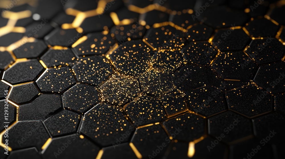 Poster gold particles explode on dark hexagon surface; tech background; abstract design
