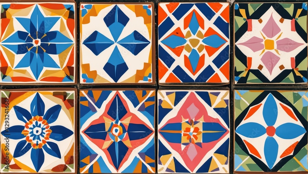 Poster colorful geometric patterned tiles arranged in a square grid showcasing diverse designs ideal for in