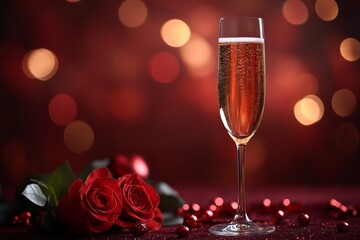 Romantic Valentine's Day background with champagne glasses, red roses, and ribbons on dark red tablecloth, perfect for celebrations.