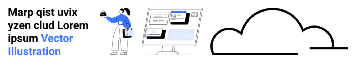 Person engaging with a digital interface, text elements, and cloud graphic. Ideal for technology, communication, cloud computing, teamwork, education data storage digital platforms. Flat landing