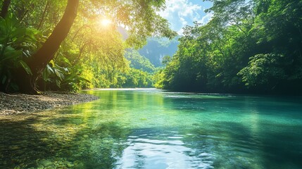 Fototapeta premium A Serene Lake Surrounded by Lush Green Trees and Rolling Hills, with Sunlight Filtering Through the Leaves, Creating a Peaceful and Natural Scene.
