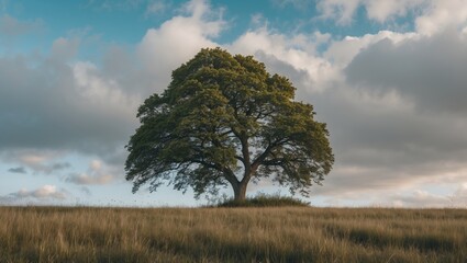 Fototapeta premium Majestic solitary tree on a lush grassland under a dramatic sky with clouds, embodying tranquility and natural beauty in a serene landscape.
