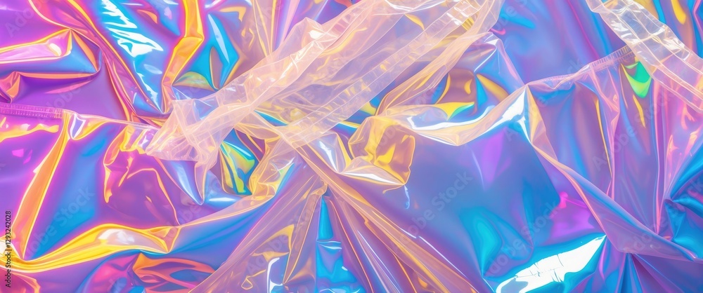 Poster iridescent transparent plastic bag texture with colorful reflections on a white background ideal for