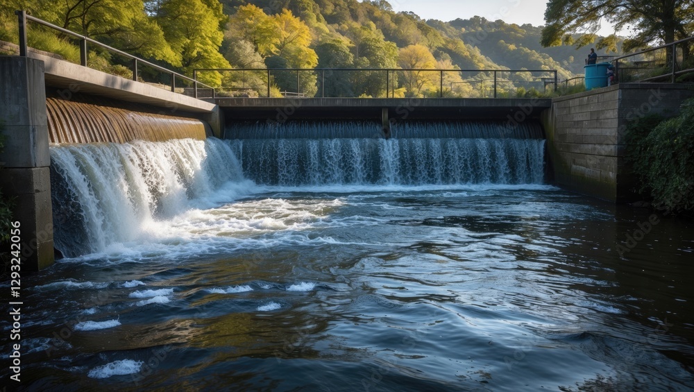 Poster water cascading over a weir into a tranquil river setting surrounded by lush greenery and gentle hil