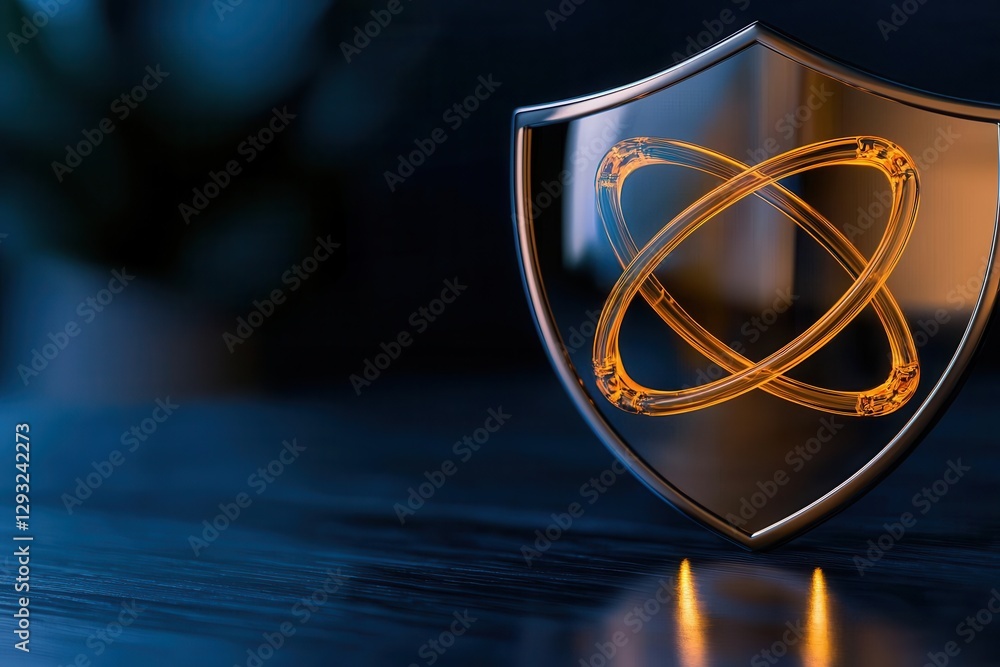 Poster modern digital shield symbolizing security and innovation in technology.