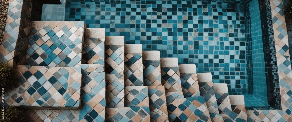 Poster aerial view of swimming pool stairs featuring diamond pattern tiles with inviting blue water and spa