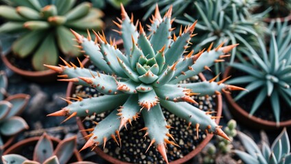 Vibrant Top View of a Thorny Succulent with Striking Orange Spines Ideal for Botanical Illustrations and Nature-Themed Designs