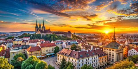 Panoramic Brno Cityscape View from Hilltop at Sunset - Czech Republic