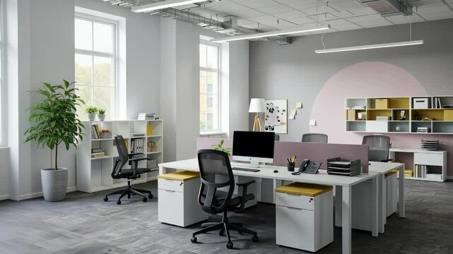 A modern, minimalistic office space with organized desks, natural light, and a collaborative atmosphere designed for productivity.