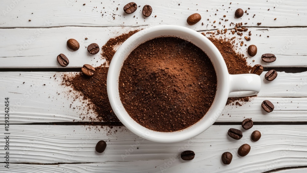 Poster coffee grounds in a white cup on a rustic wooden background with scattered coffee beans and ample co