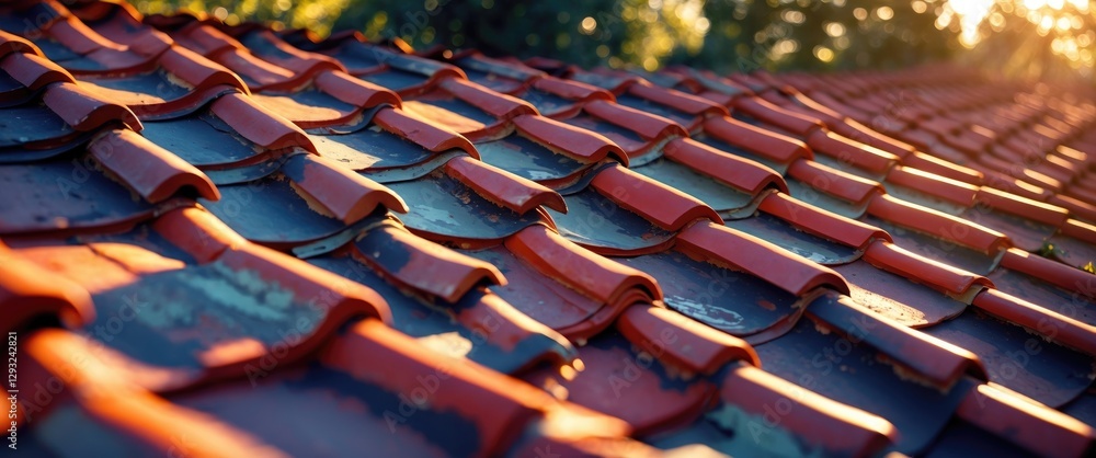 Aufkleber rustic clay roof tiles displaying interplay of light and shadows with a warm ambiance and textured s