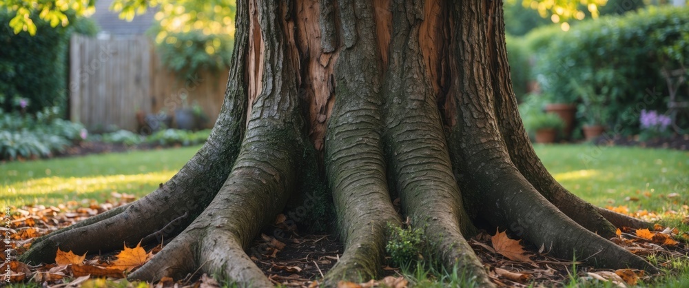Poster majestic tree trunk with intricate roots in a serene garden setting featuring ample space for text o