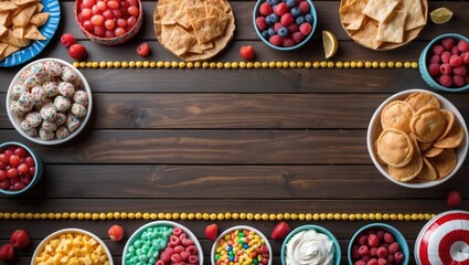 Carnival Themed Snacks Arrayed on Dark Wood Table with Copy Space for Text Ideal for Summer Fair Promotions and Food Related Designs
