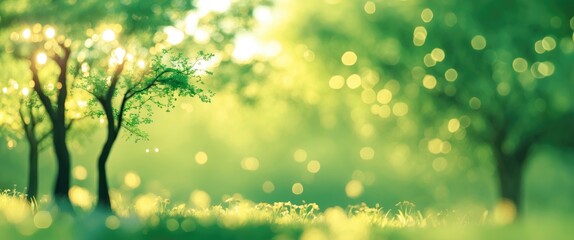 Obraz premium Peaceful bokeh nature background with vibrant green trees and sunlight creating a serene atmosphere ideal for relaxation and inspiration
